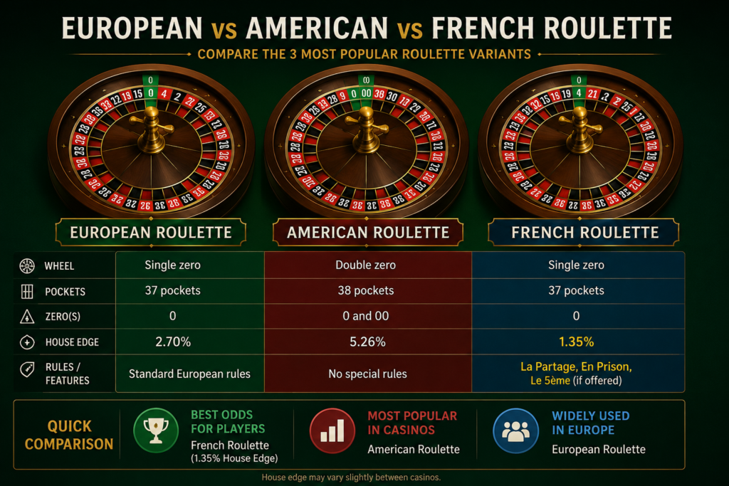 European Roulette wheel vs American Roulette wheel vs French Roulette Wheel